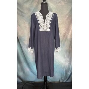 Preston & York Navy Blue Linen Blend Lace Trim Long‎ Sleeve Midi Dress Size 16